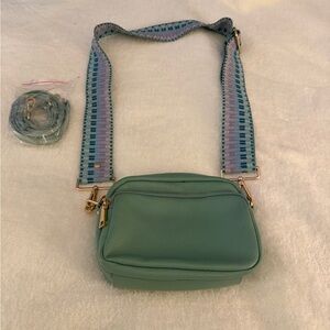 Mint Green Pebbled Crossbody Bag with Patterned Strap